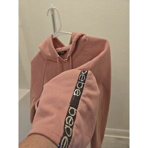 Bebe Sport Womens L Sequin Pink Pullover Hoodie Sweatshirt Thumbholes Dusty Rose